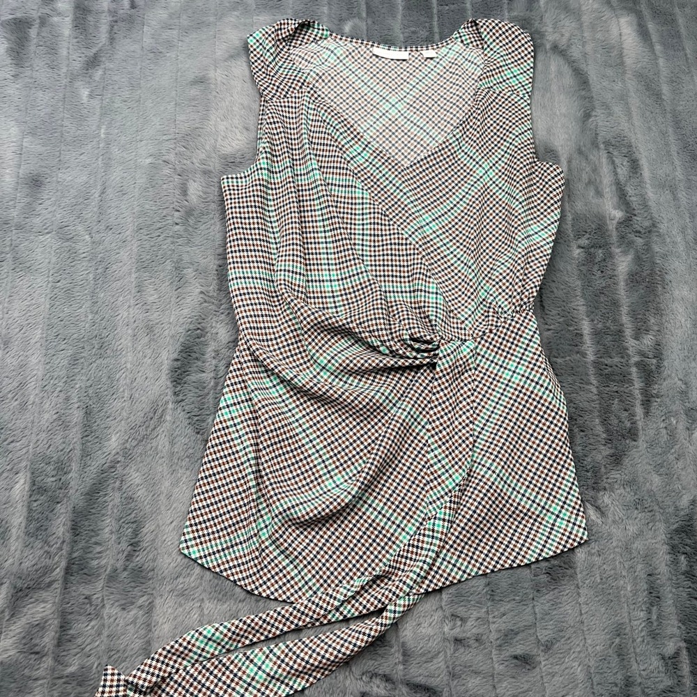 New York & Company Womens Medium Houndstooth Wrap Sleeveless Blouse Tie Teal